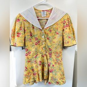 Vintage Laura Ashley Floral Yellow Top with Eyelet